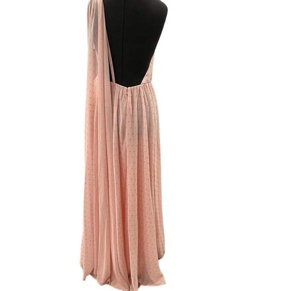 MICHAEL COSTELLO X REVOLVE Pink Chiffon with Gold One Shoulder Goddess Gown M - Picture 7 of 9